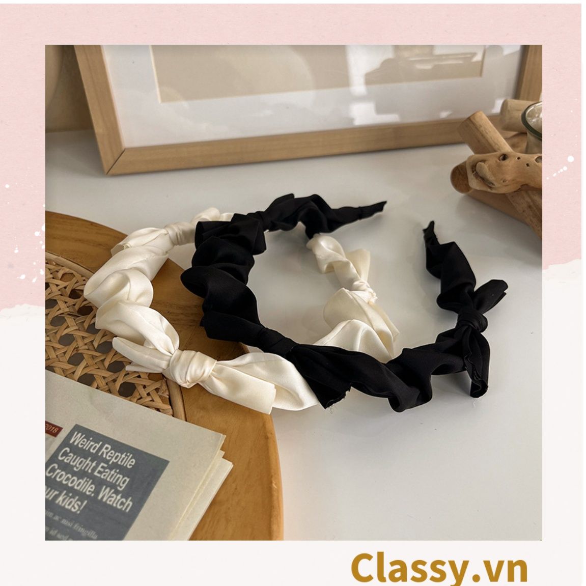 PK774 Bộ sưu tập hoàng gia - Scrunchies, kẹp tóc, nơ buộc tóc tông be, gắn ruy băng và đính đá nhiều lớp sang chảnh