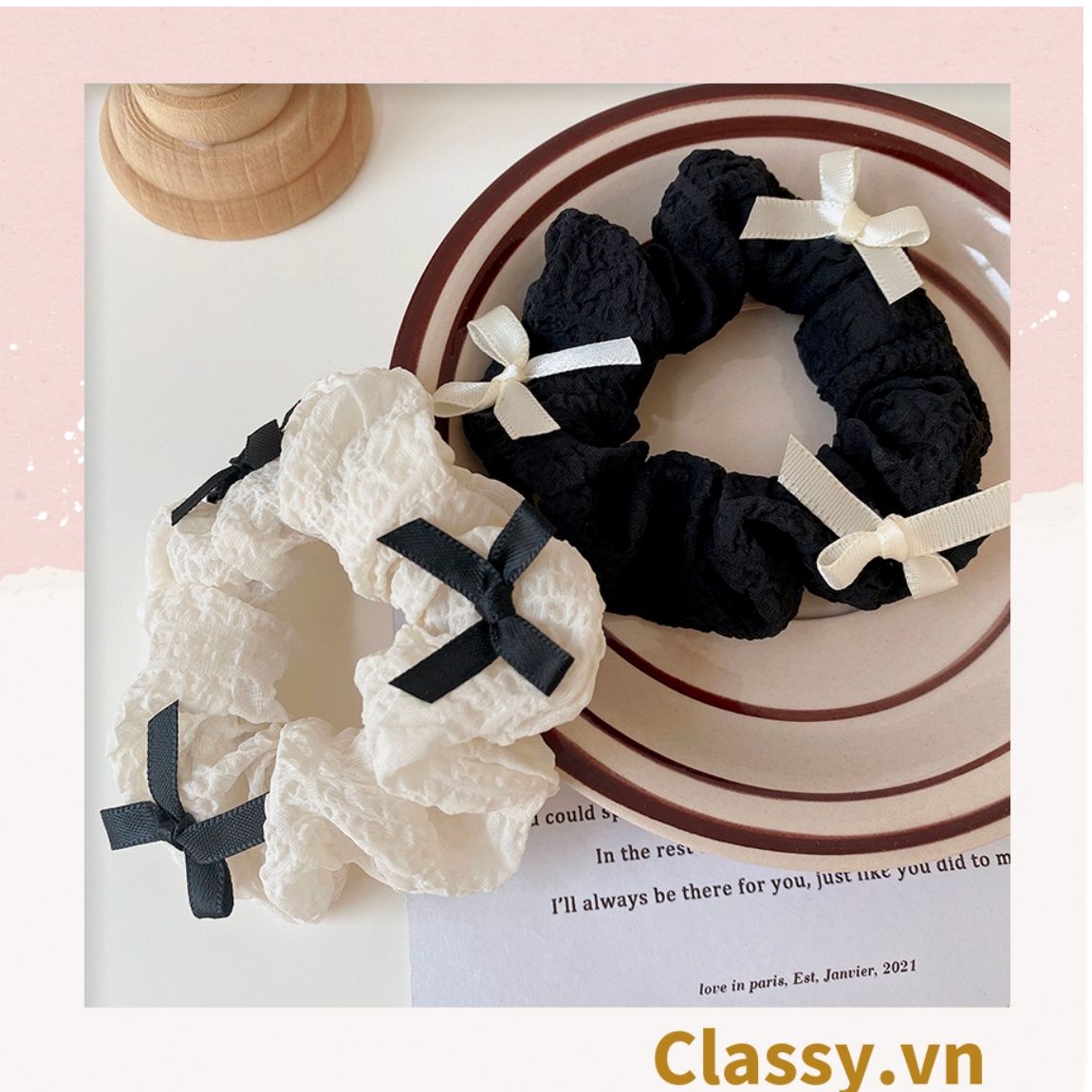PK774 Bộ sưu tập hoàng gia - Scrunchies, kẹp tóc, nơ buộc tóc tông be, gắn ruy băng và đính đá nhiều lớp sang chảnh