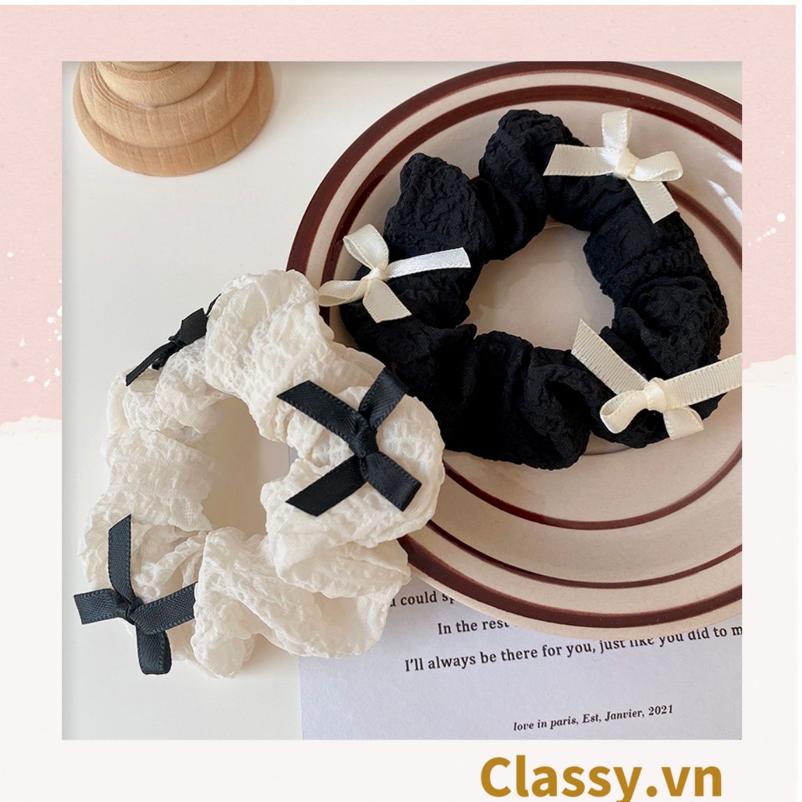  PK774 Bộ sưu tập hoàng gia - Scrunchies, kẹp tóc, nơ buộc tóc tông be, gắn ruy băng và đính đá nhiều lớp sang chảnh 