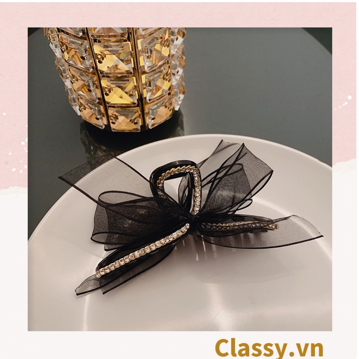 PK774 Bộ sưu tập hoàng gia - Scrunchies, kẹp tóc, nơ buộc tóc tông be, gắn ruy băng và đính đá nhiều lớp sang chảnh