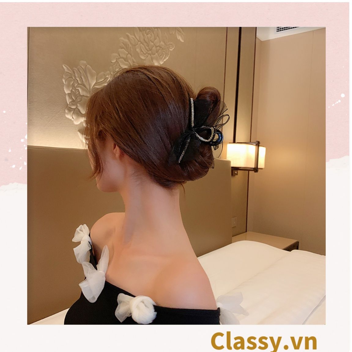 PK774 Bộ sưu tập hoàng gia - Scrunchies, kẹp tóc, nơ buộc tóc tông be, gắn ruy băng và đính đá nhiều lớp sang chảnh