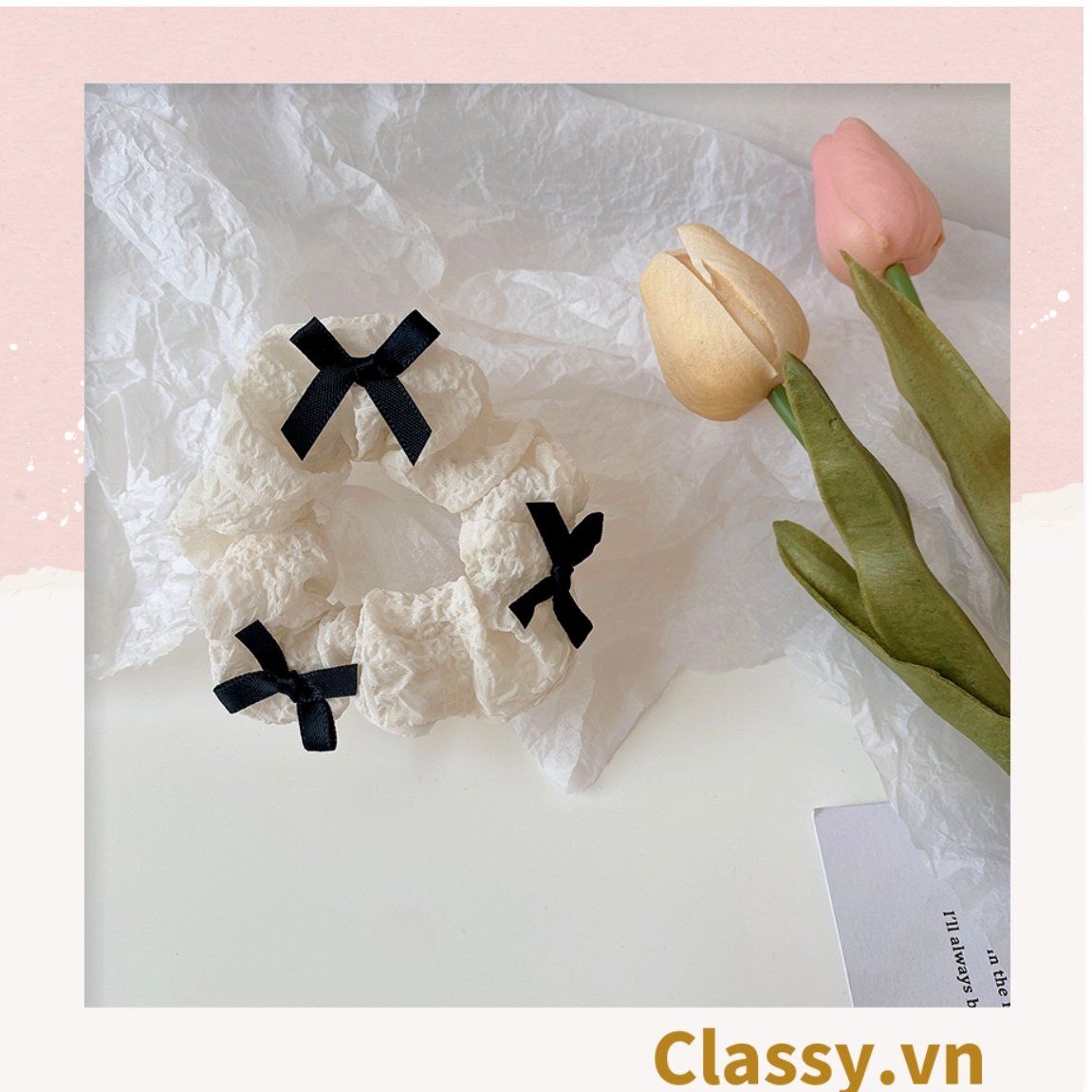 PK774 Bộ sưu tập hoàng gia - Scrunchies, kẹp tóc, nơ buộc tóc tông be, gắn ruy băng và đính đá nhiều lớp sang chảnh