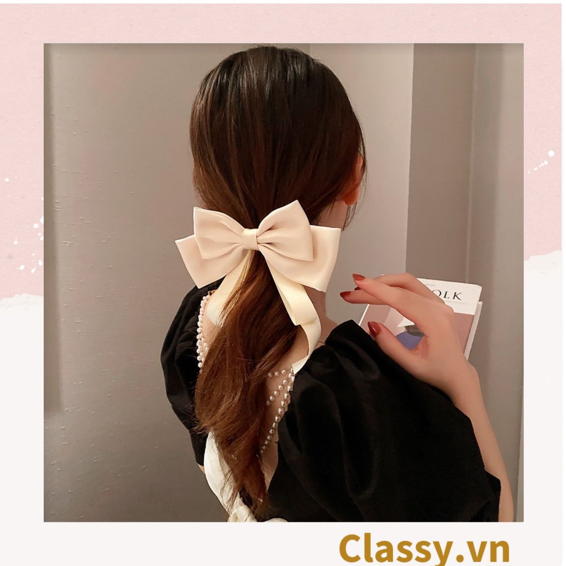 PK774 Bộ sưu tập hoàng gia - Scrunchies, kẹp tóc, nơ buộc tóc tông be, gắn ruy băng và đính đá nhiều lớp sang chảnh