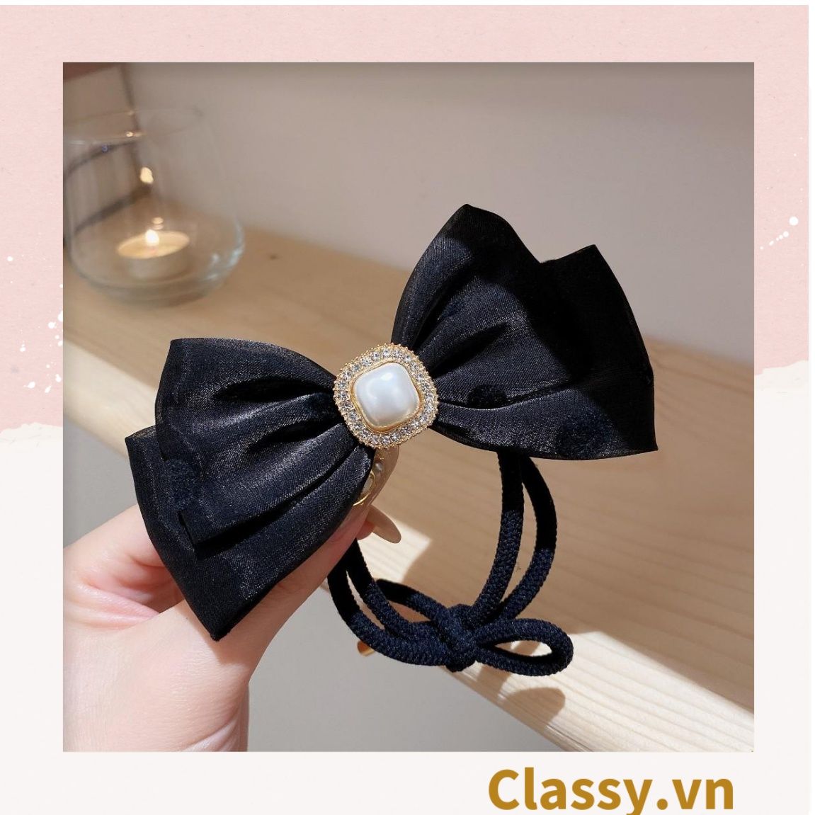 PK774 Bộ sưu tập hoàng gia - Scrunchies, kẹp tóc, nơ buộc tóc tông be, gắn ruy băng và đính đá nhiều lớp sang chảnh