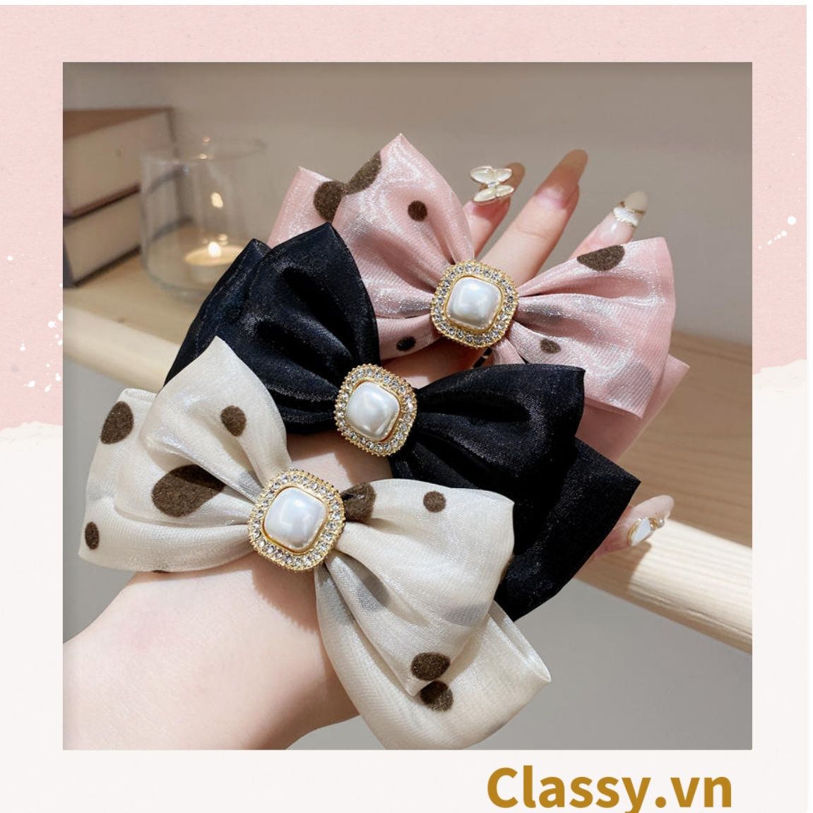 PK774 Bộ sưu tập hoàng gia - Scrunchies, kẹp tóc, nơ buộc tóc tông be, gắn ruy băng và đính đá nhiều lớp sang chảnh