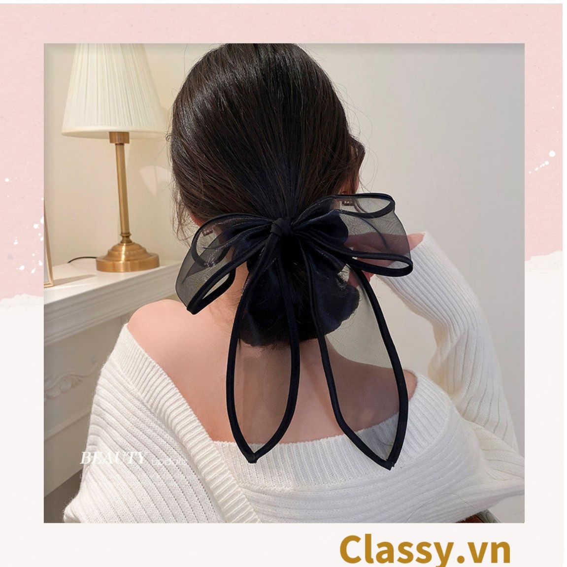  PK774 Bộ sưu tập hoàng gia - Scrunchies, kẹp tóc, nơ buộc tóc tông be, gắn ruy băng và đính đá nhiều lớp sang chảnh 