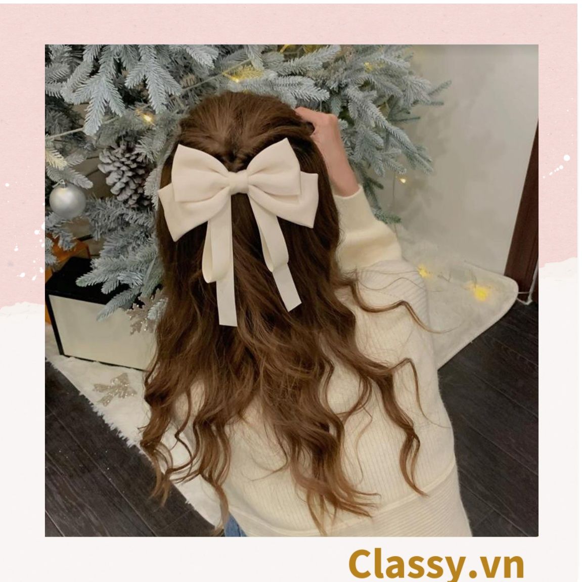 PK774 Bộ sưu tập hoàng gia - Scrunchies, kẹp tóc, nơ buộc tóc tông be, gắn ruy băng và đính đá nhiều lớp sang chảnh
