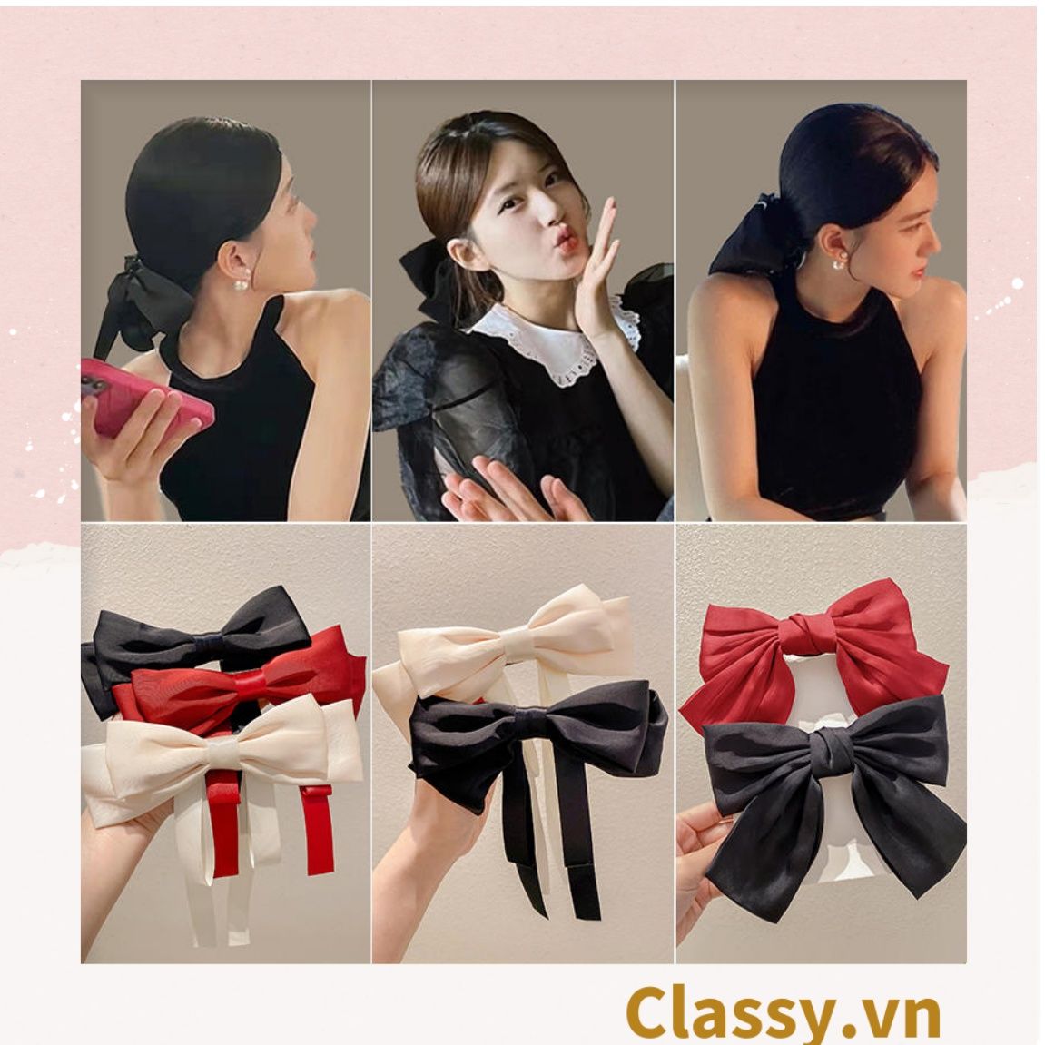 PK774 Bộ sưu tập hoàng gia - Scrunchies, kẹp tóc, nơ buộc tóc tông be, gắn ruy băng và đính đá nhiều lớp sang chảnh