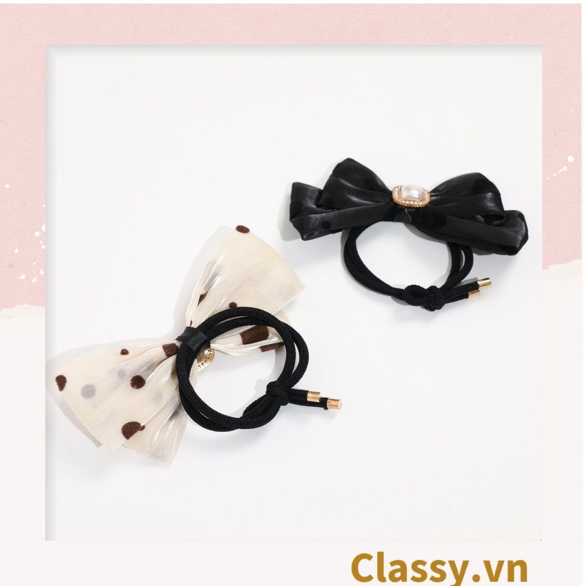 PK774 Bộ sưu tập hoàng gia - Scrunchies, kẹp tóc, nơ buộc tóc tông be, gắn ruy băng và đính đá nhiều lớp sang chảnh
