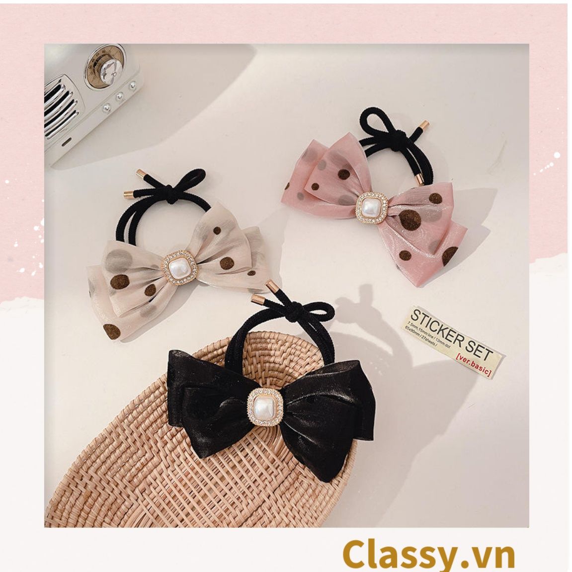 PK774 Bộ sưu tập hoàng gia - Scrunchies, kẹp tóc, nơ buộc tóc tông be, gắn ruy băng và đính đá nhiều lớp sang chảnh