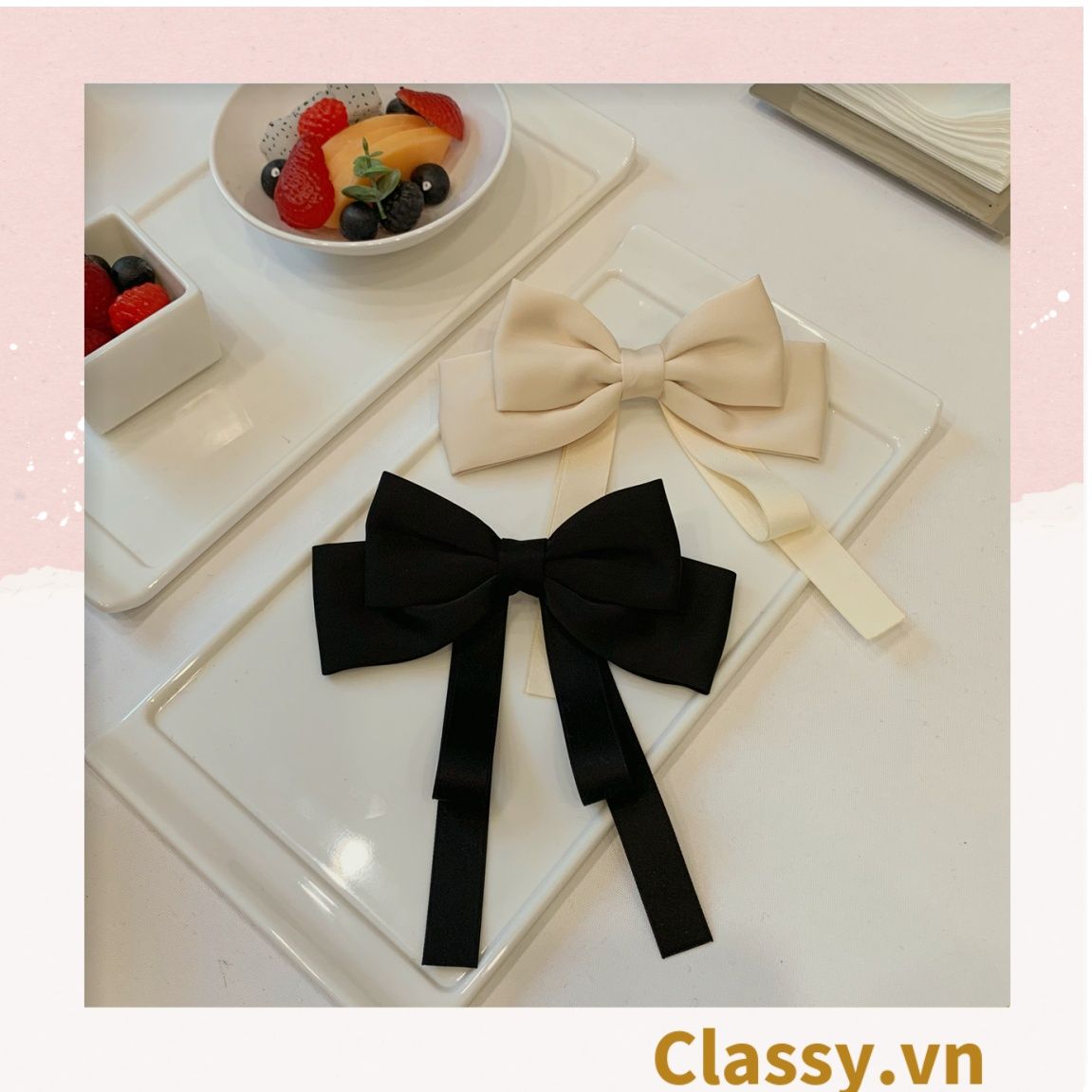 PK774 Bộ sưu tập hoàng gia - Scrunchies, kẹp tóc, nơ buộc tóc tông be, gắn ruy băng và đính đá nhiều lớp sang chảnh