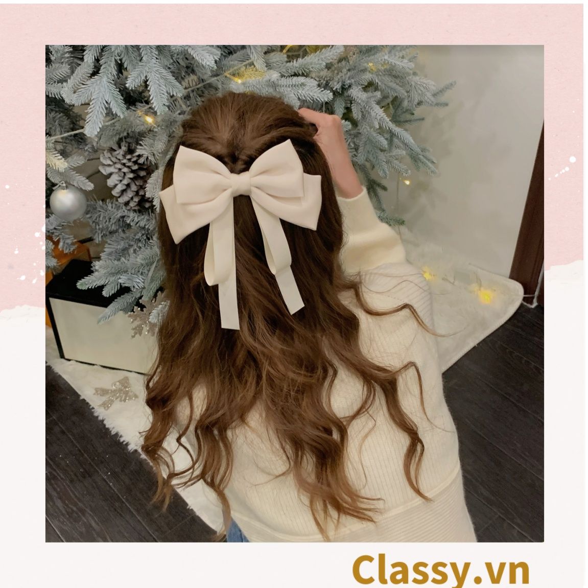 PK774 Bộ sưu tập hoàng gia - Scrunchies, kẹp tóc, nơ buộc tóc tông be, gắn ruy băng và đính đá nhiều lớp sang chảnh