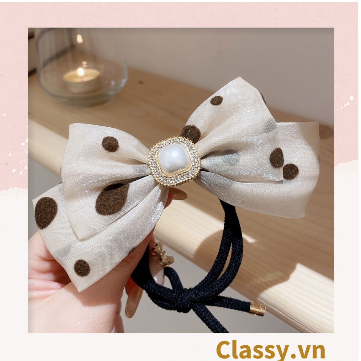 PK774 Bộ sưu tập hoàng gia - Scrunchies, kẹp tóc, nơ buộc tóc tông be, gắn ruy băng và đính đá nhiều lớp sang chảnh