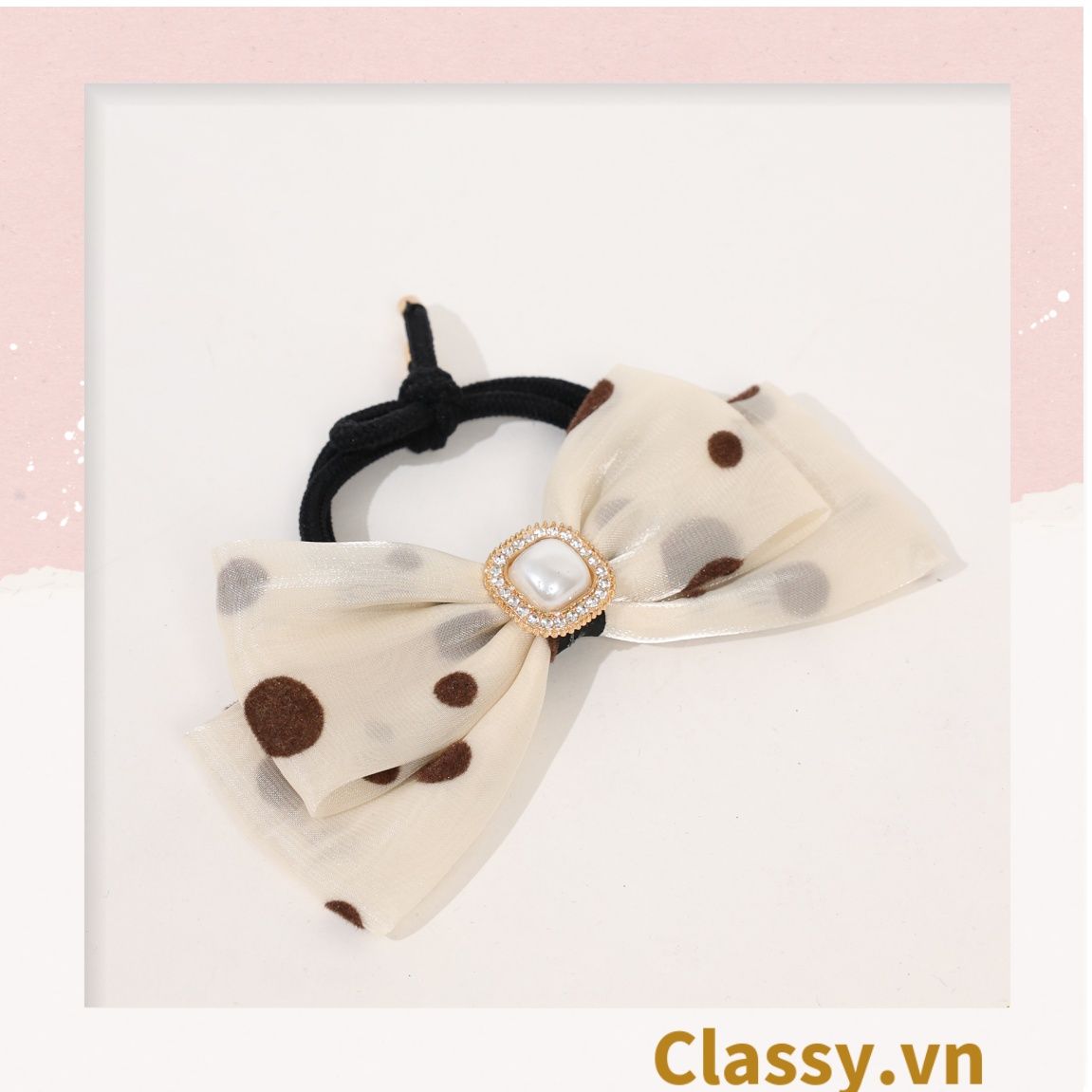 PK774 Bộ sưu tập hoàng gia - Scrunchies, kẹp tóc, nơ buộc tóc tông be, gắn ruy băng và đính đá nhiều lớp sang chảnh