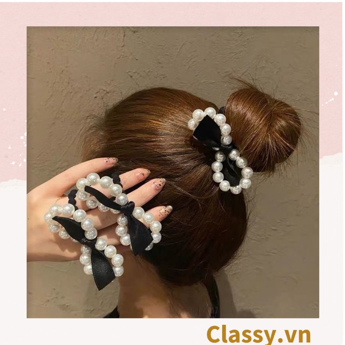 PK774 Bộ sưu tập hoàng gia - Scrunchies, kẹp tóc, nơ buộc tóc tông be, gắn ruy băng và đính đá nhiều lớp sang chảnh