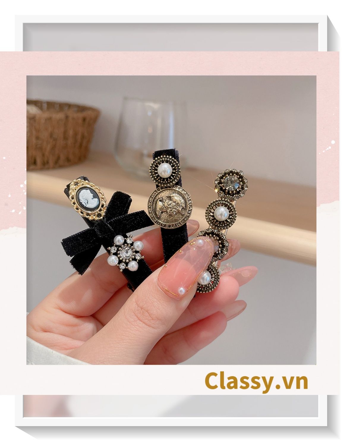 PK774 Bộ sưu tập hoàng gia - Scrunchies, kẹp tóc, nơ buộc tóc tông be, gắn ruy băng và đính đá nhiều lớp sang chảnh