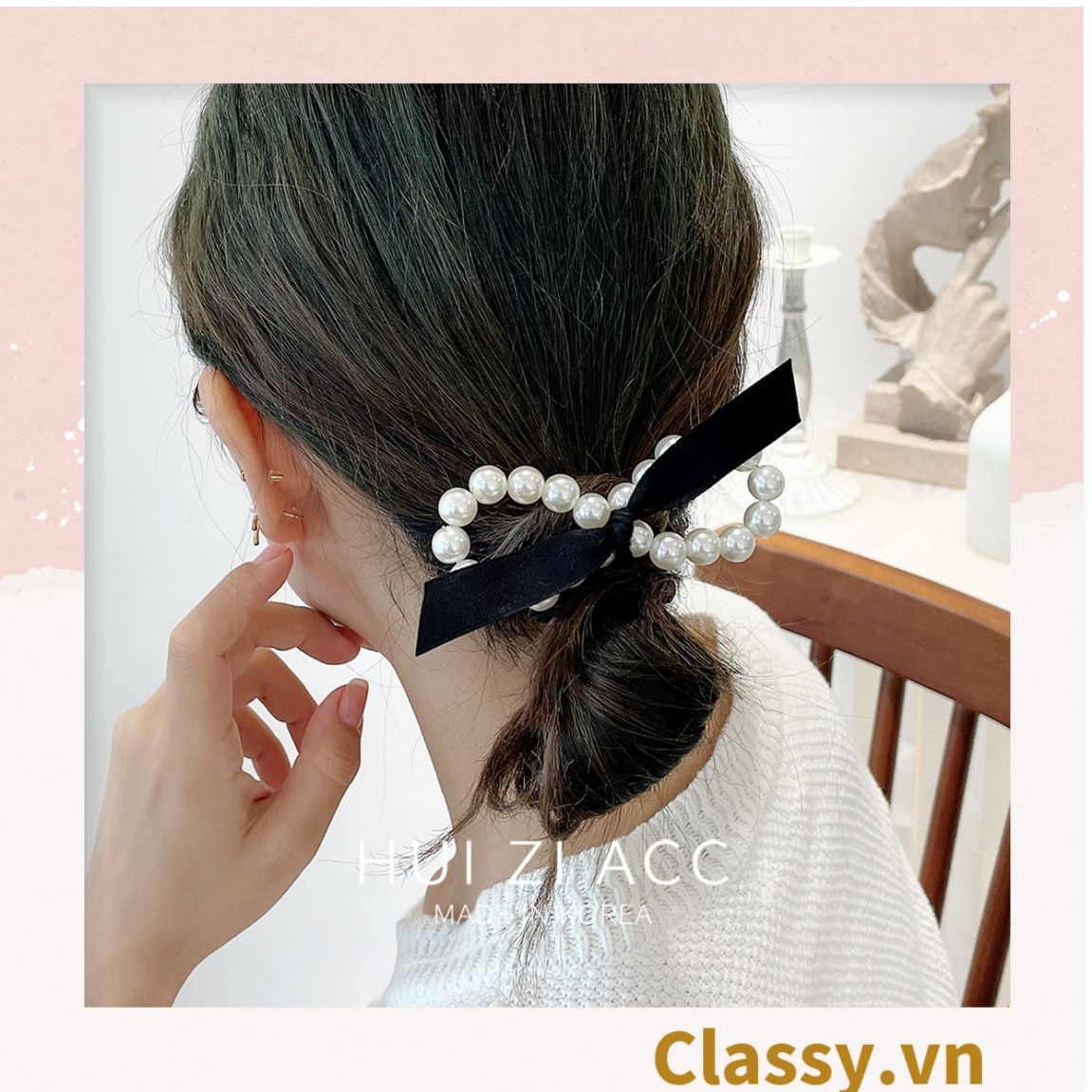 PK774 Bộ sưu tập hoàng gia - Scrunchies, kẹp tóc, nơ buộc tóc tông be, gắn ruy băng và đính đá nhiều lớp sang chảnh