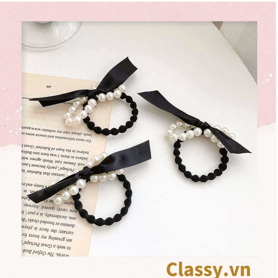 PK774 Bộ sưu tập hoàng gia - Scrunchies, kẹp tóc, nơ buộc tóc tông be, gắn ruy băng và đính đá nhiều lớp sang chảnh