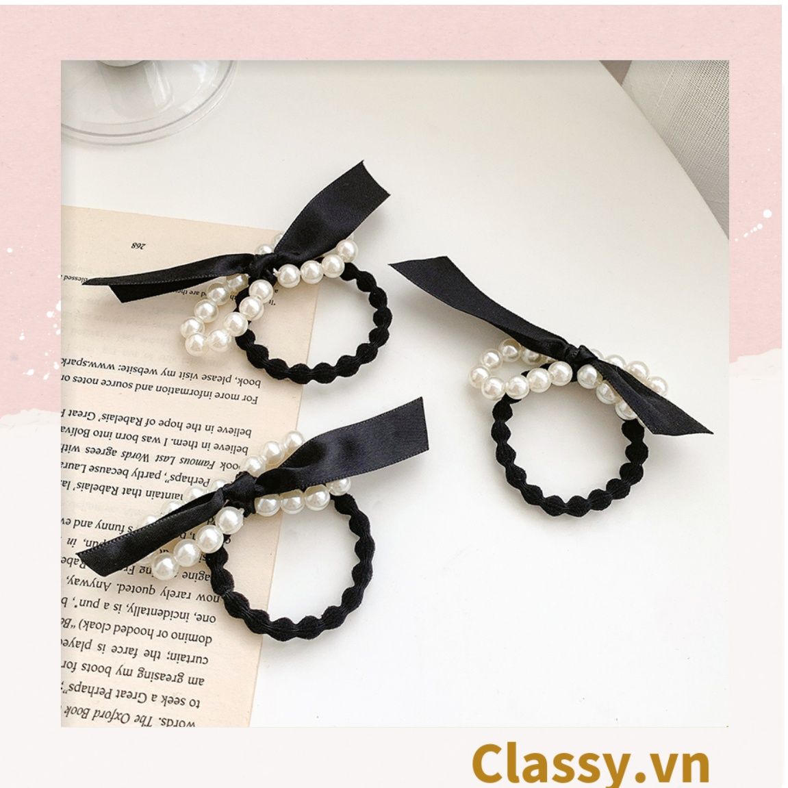  PK774 Bộ sưu tập hoàng gia - Scrunchies, kẹp tóc, nơ buộc tóc tông be, gắn ruy băng và đính đá nhiều lớp sang chảnh 