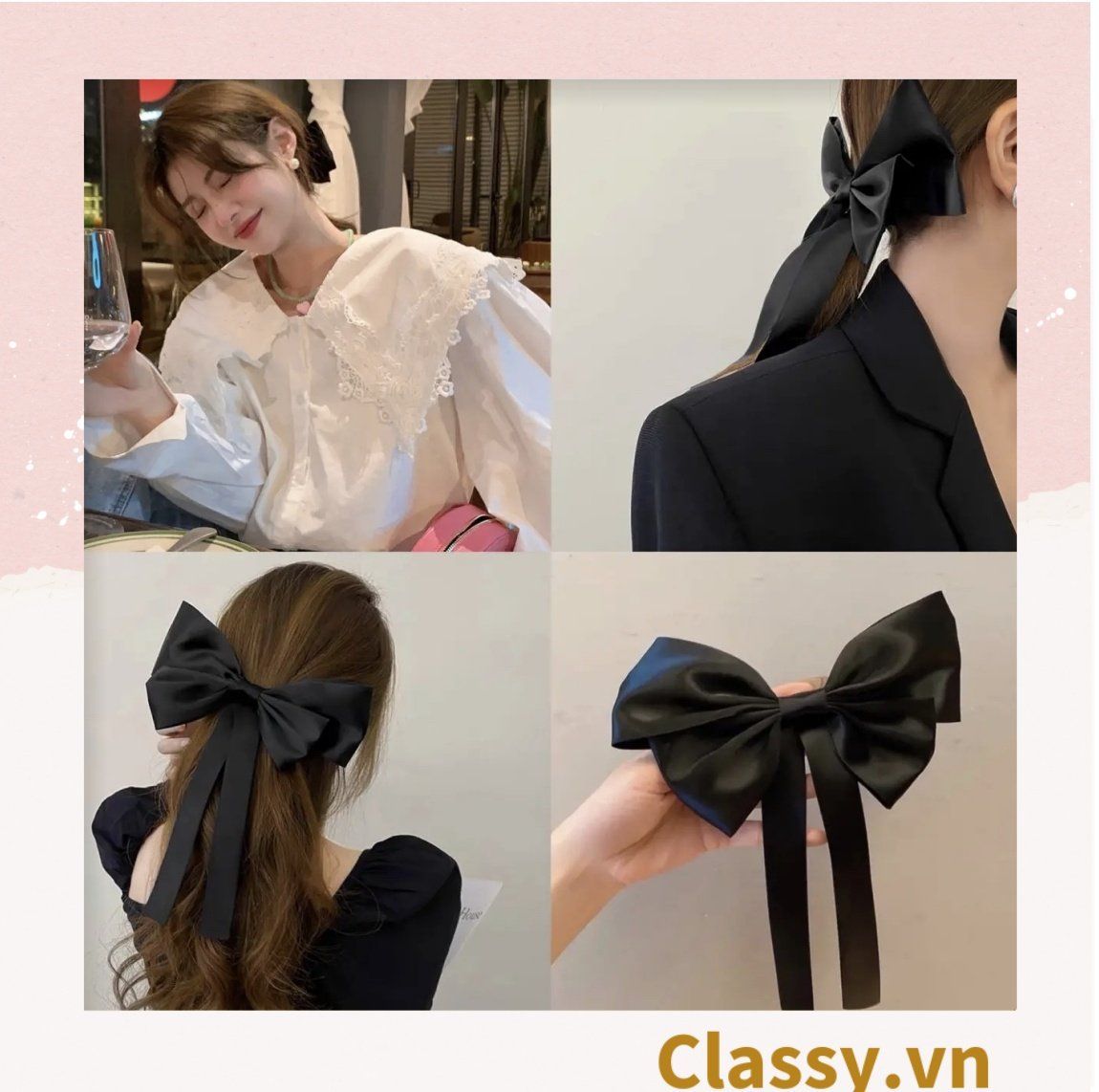 PK774 Bộ sưu tập hoàng gia - Scrunchies, kẹp tóc, nơ buộc tóc tông be, gắn ruy băng và đính đá nhiều lớp sang chảnh
