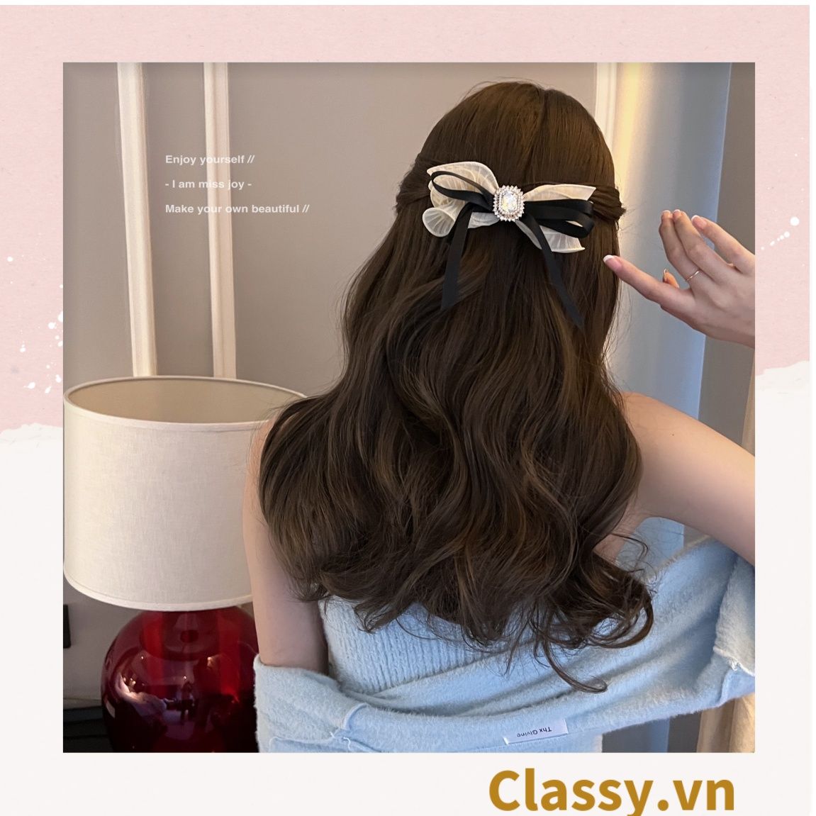 PK774 Bộ sưu tập hoàng gia - Scrunchies, kẹp tóc, nơ buộc tóc tông be, gắn ruy băng và đính đá nhiều lớp sang chảnh