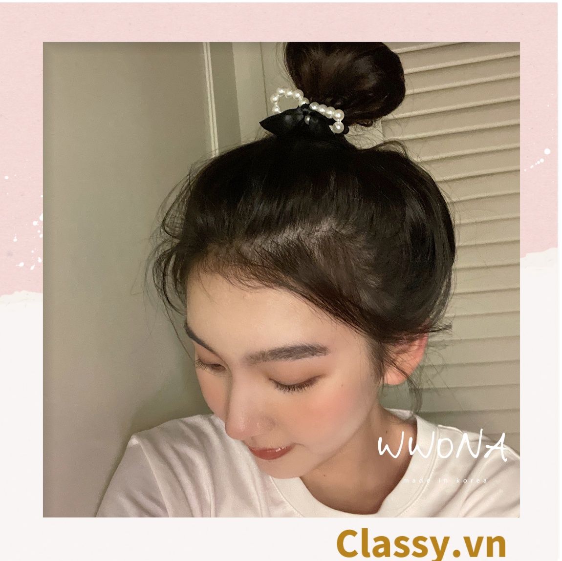 PK774 Bộ sưu tập hoàng gia - Scrunchies, kẹp tóc, nơ buộc tóc tông be, gắn ruy băng và đính đá nhiều lớp sang chảnh