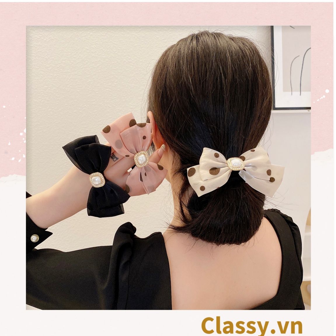 PK774 Bộ sưu tập hoàng gia - Scrunchies, kẹp tóc, nơ buộc tóc tông be, gắn ruy băng và đính đá nhiều lớp sang chảnh