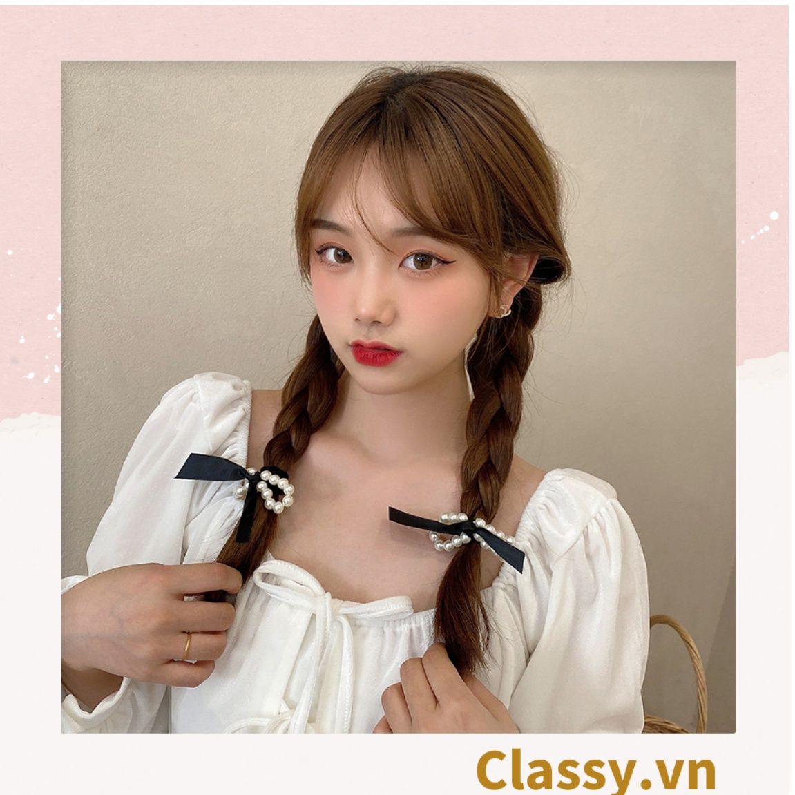 PK774 Bộ sưu tập hoàng gia - Scrunchies, kẹp tóc, nơ buộc tóc tông be, gắn ruy băng và đính đá nhiều lớp sang chảnh