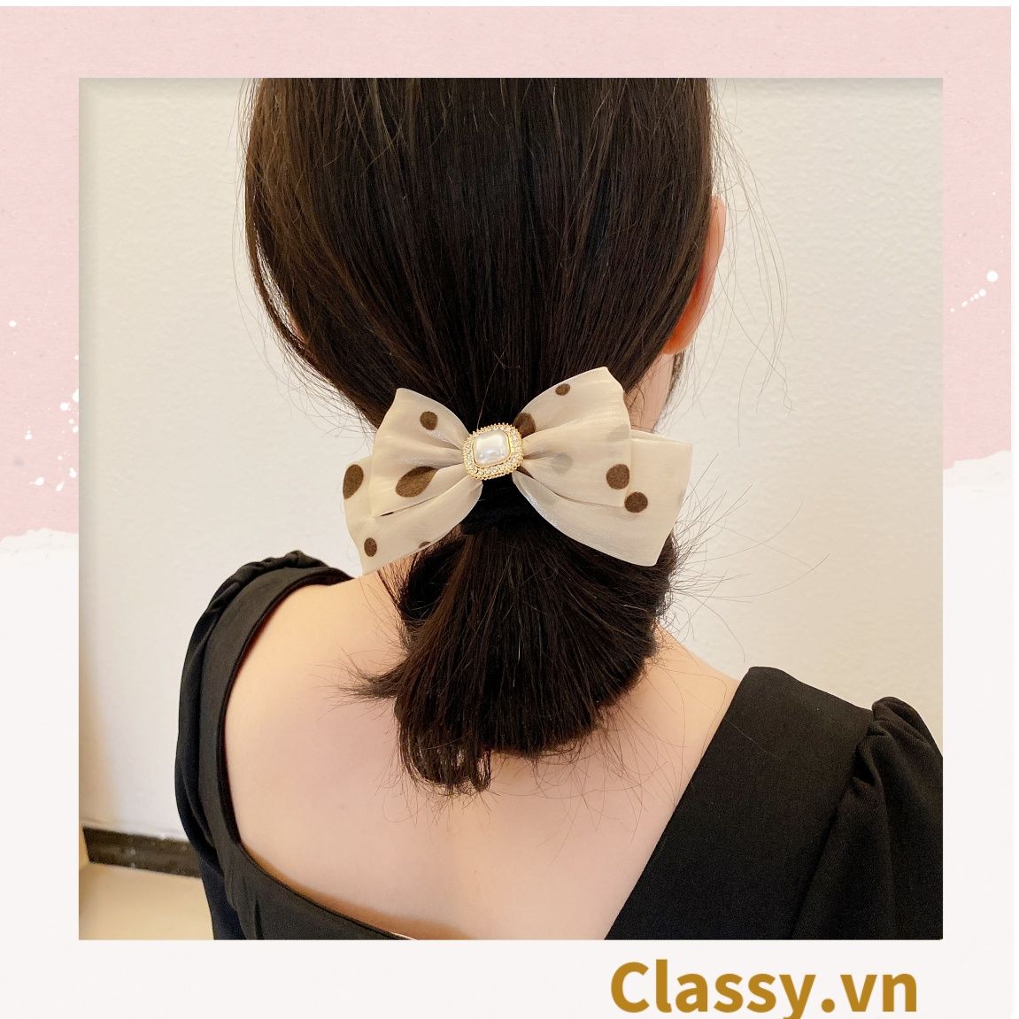 PK774 Bộ sưu tập hoàng gia - Scrunchies, kẹp tóc, nơ buộc tóc tông be, gắn ruy băng và đính đá nhiều lớp sang chảnh