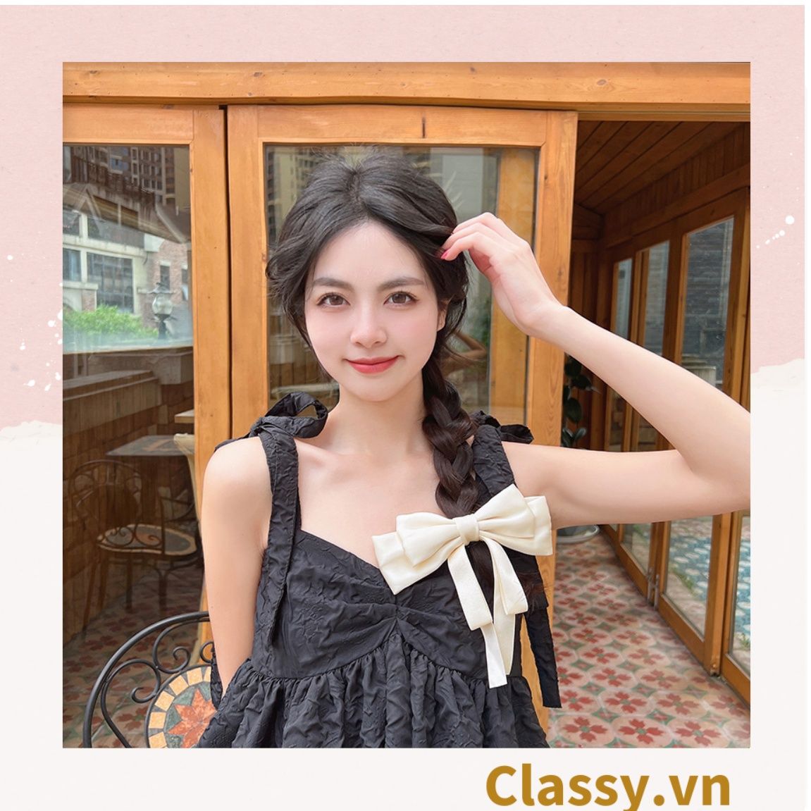 PK774 Bộ sưu tập hoàng gia - Scrunchies, kẹp tóc, nơ buộc tóc tông be, gắn ruy băng và đính đá nhiều lớp sang chảnh