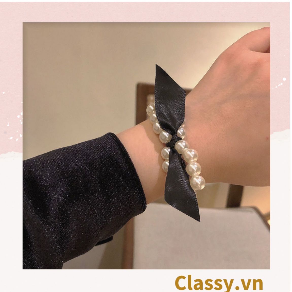 PK774 Bộ sưu tập hoàng gia - Scrunchies, kẹp tóc, nơ buộc tóc tông be, gắn ruy băng và đính đá nhiều lớp sang chảnh