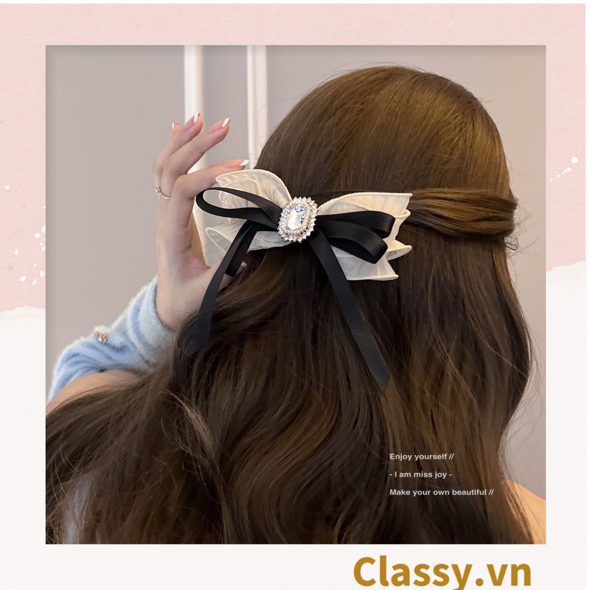 PK774 Bộ sưu tập hoàng gia - Scrunchies, kẹp tóc, nơ buộc tóc tông be, gắn ruy băng và đính đá nhiều lớp sang chảnh