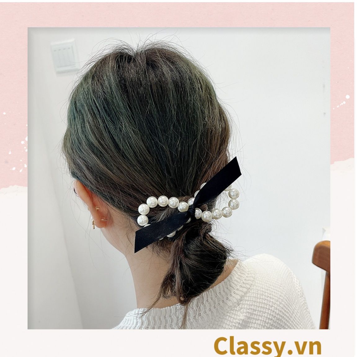 PK774 Bộ sưu tập hoàng gia - Scrunchies, kẹp tóc, nơ buộc tóc tông be, gắn ruy băng và đính đá nhiều lớp sang chảnh