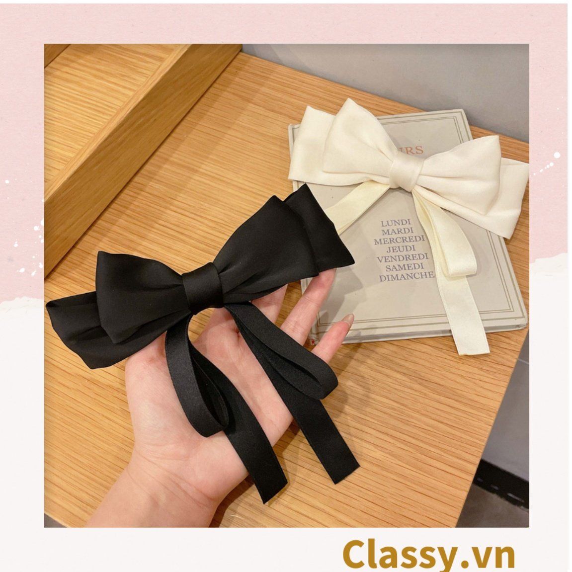PK774 Bộ sưu tập hoàng gia - Scrunchies, kẹp tóc, nơ buộc tóc tông be, gắn ruy băng và đính đá nhiều lớp sang chảnh