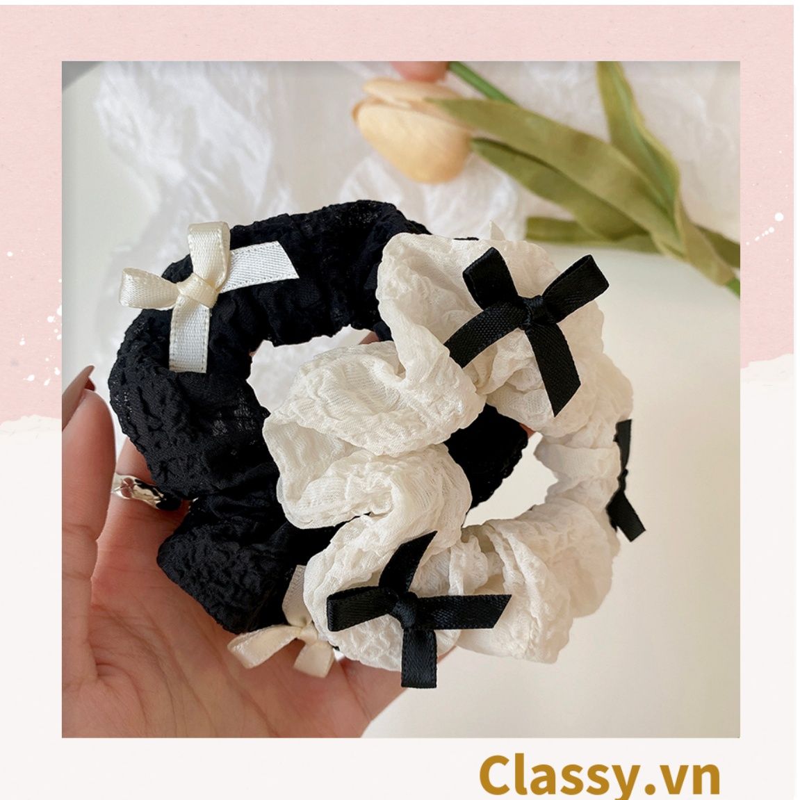 PK774 Bộ sưu tập hoàng gia - Scrunchies, kẹp tóc, nơ buộc tóc tông be, gắn ruy băng và đính đá nhiều lớp sang chảnh