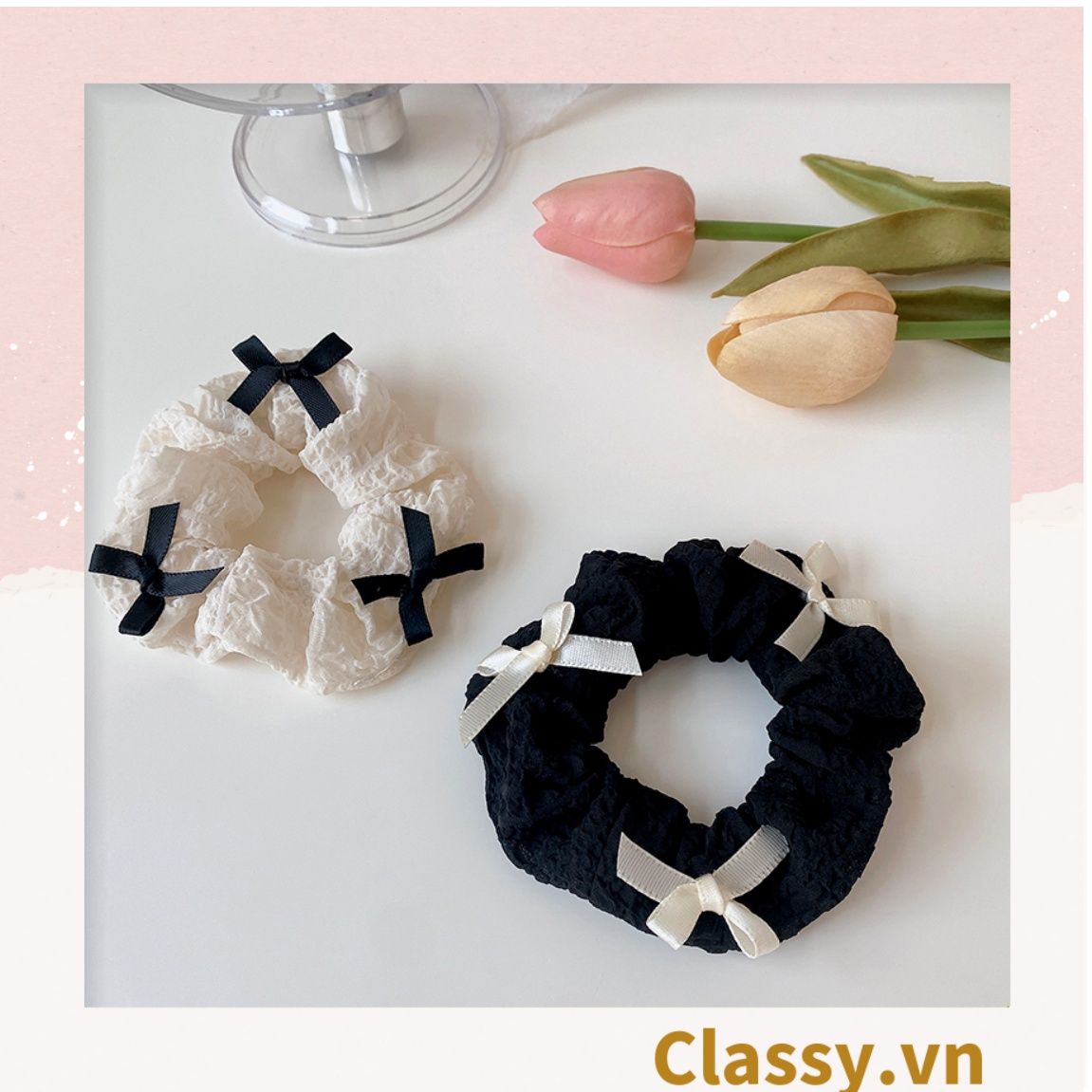 PK774 Bộ sưu tập hoàng gia - Scrunchies, kẹp tóc, nơ buộc tóc tông be, gắn ruy băng và đính đá nhiều lớp sang chảnh