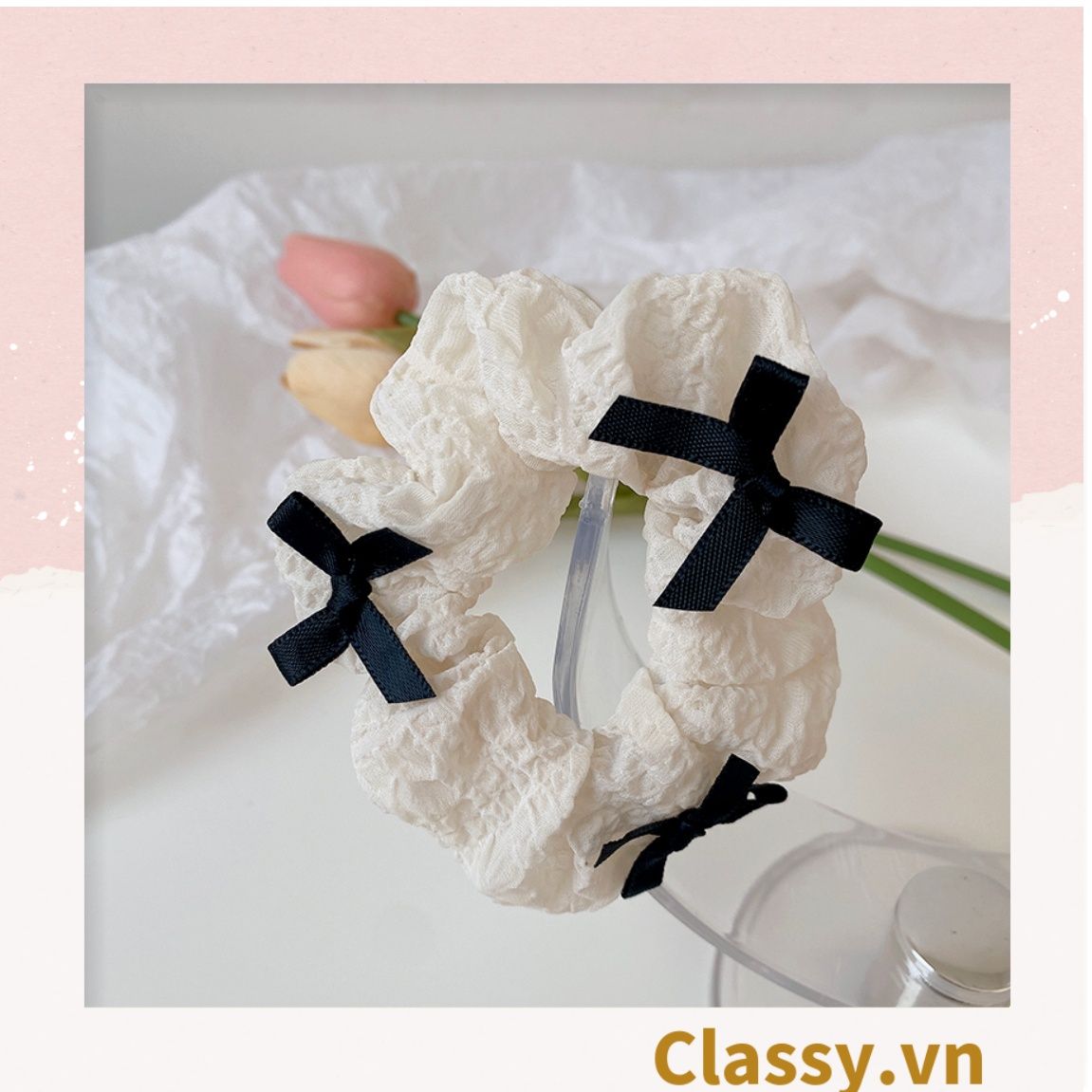 PK774 Bộ sưu tập hoàng gia - Scrunchies, kẹp tóc, nơ buộc tóc tông be, gắn ruy băng và đính đá nhiều lớp sang chảnh