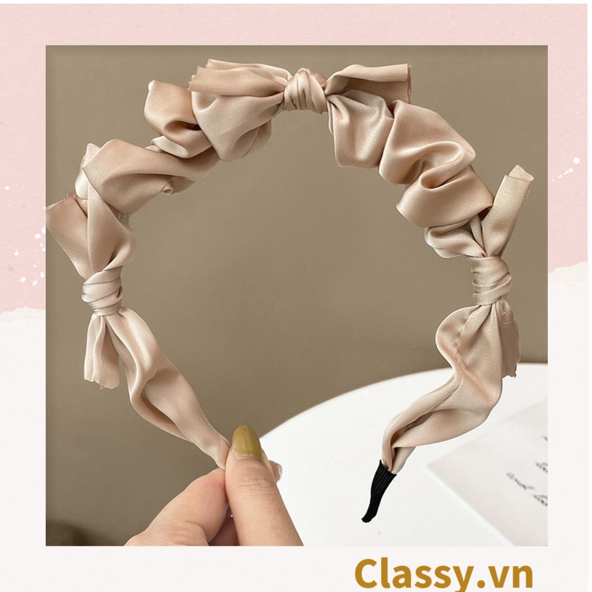 PK774 Bộ sưu tập hoàng gia - Scrunchies, kẹp tóc, nơ buộc tóc tông be, gắn ruy băng và đính đá nhiều lớp sang chảnh