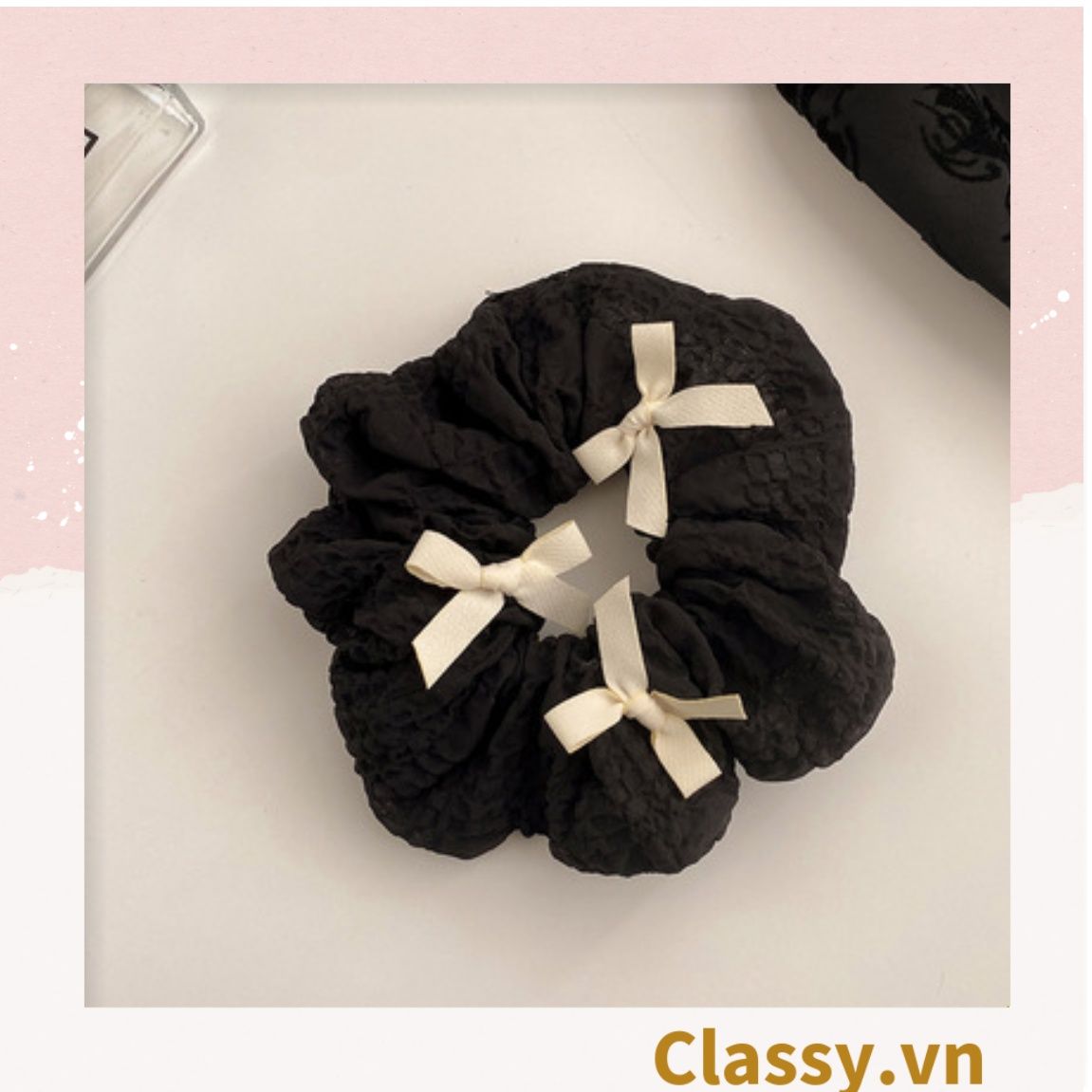 PK774 Bộ sưu tập hoàng gia - Scrunchies, kẹp tóc, nơ buộc tóc tông be, gắn ruy băng và đính đá nhiều lớp sang chảnh