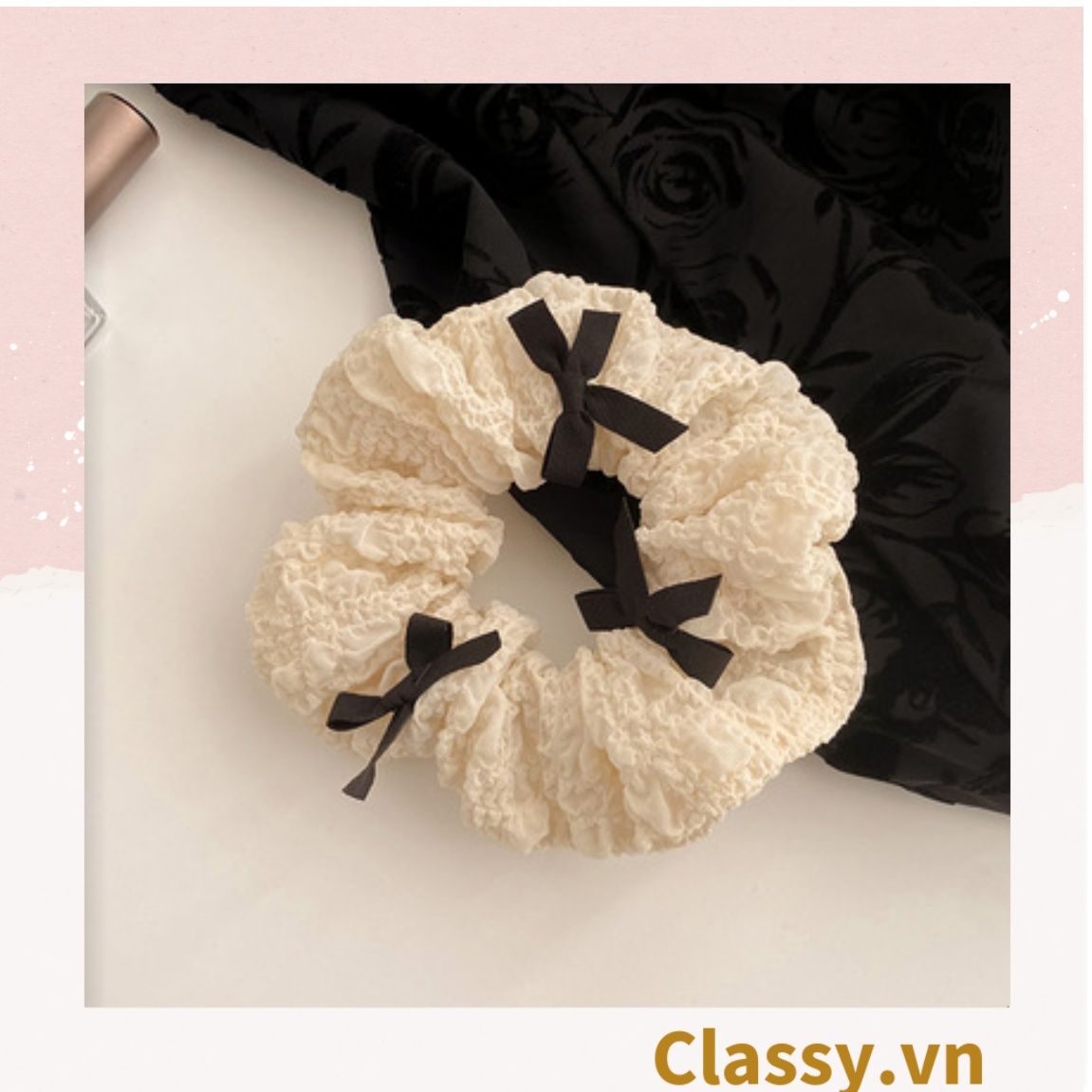 PK774 Bộ sưu tập hoàng gia - Scrunchies, kẹp tóc, nơ buộc tóc tông be, gắn ruy băng và đính đá nhiều lớp sang chảnh