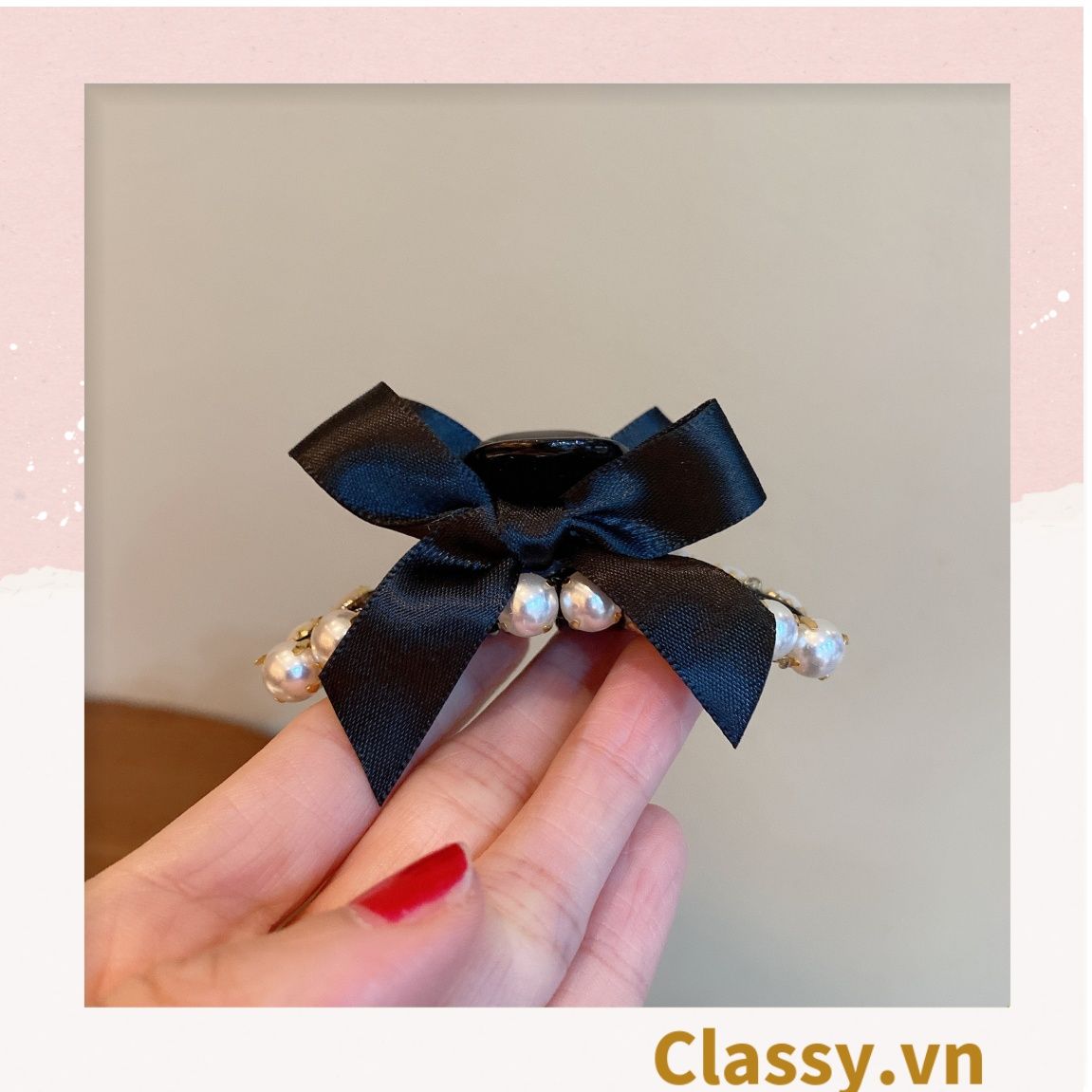 PK774 Bộ sưu tập hoàng gia - Scrunchies, kẹp tóc, nơ buộc tóc tông be, gắn ruy băng và đính đá nhiều lớp sang chảnh