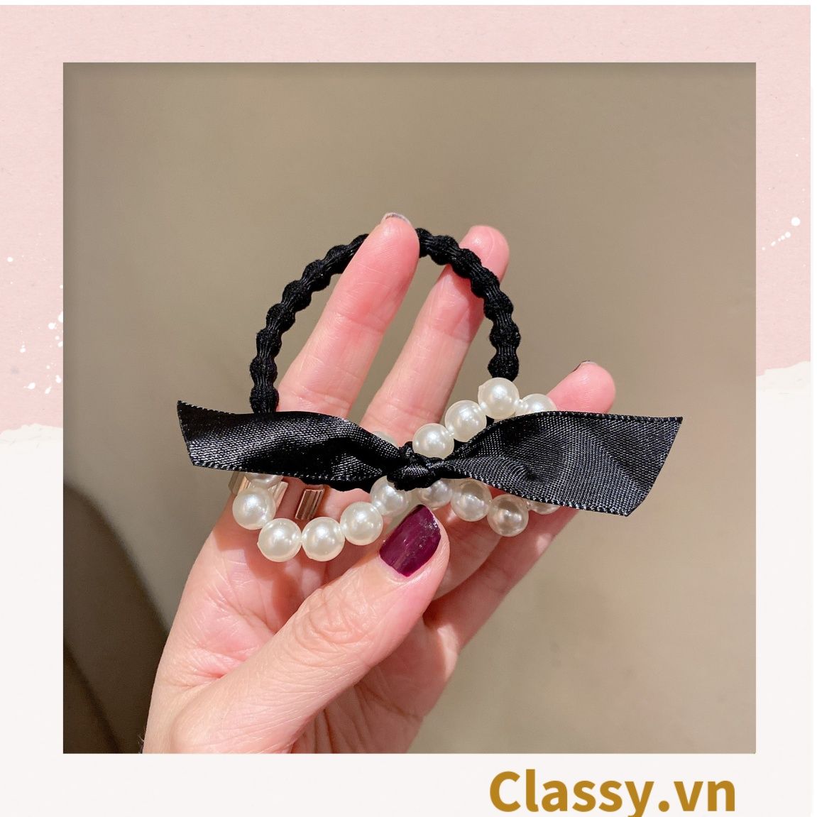 PK774 Bộ sưu tập hoàng gia - Scrunchies, kẹp tóc, nơ buộc tóc tông be, gắn ruy băng và đính đá nhiều lớp sang chảnh