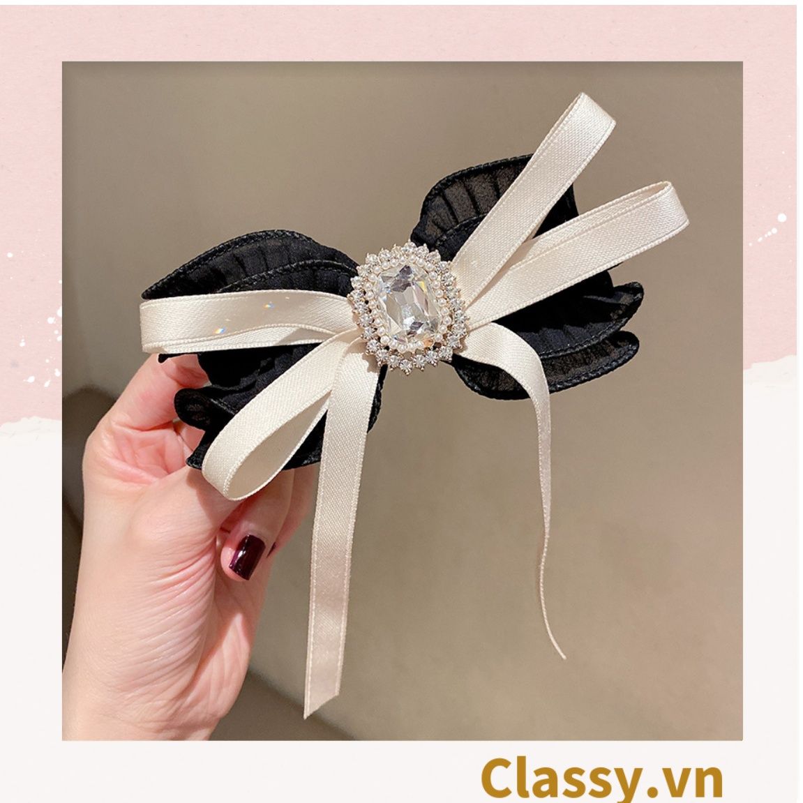 PK774 Bộ sưu tập hoàng gia - Scrunchies, kẹp tóc, nơ buộc tóc tông be, gắn ruy băng và đính đá nhiều lớp sang chảnh