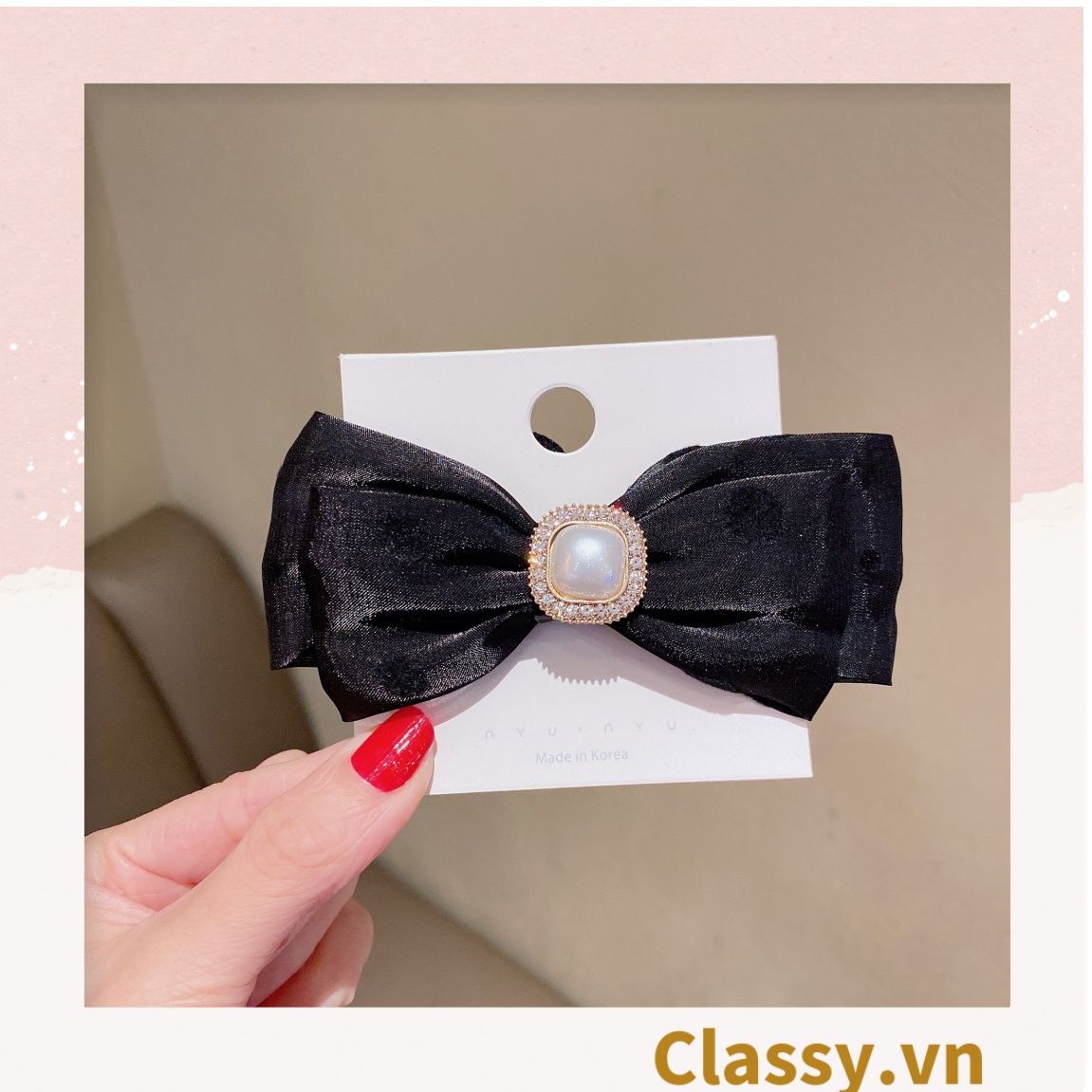 PK774 Bộ sưu tập hoàng gia - Scrunchies, kẹp tóc, nơ buộc tóc tông be, gắn ruy băng và đính đá nhiều lớp sang chảnh