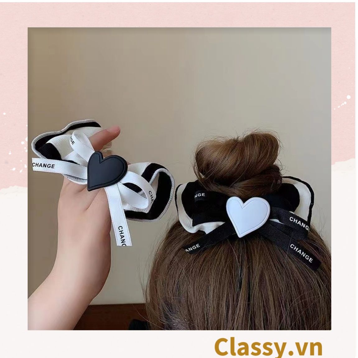 PK774 Bộ sưu tập hoàng gia - Scrunchies, kẹp tóc, nơ buộc tóc tông be, gắn ruy băng và đính đá nhiều lớp sang chảnh