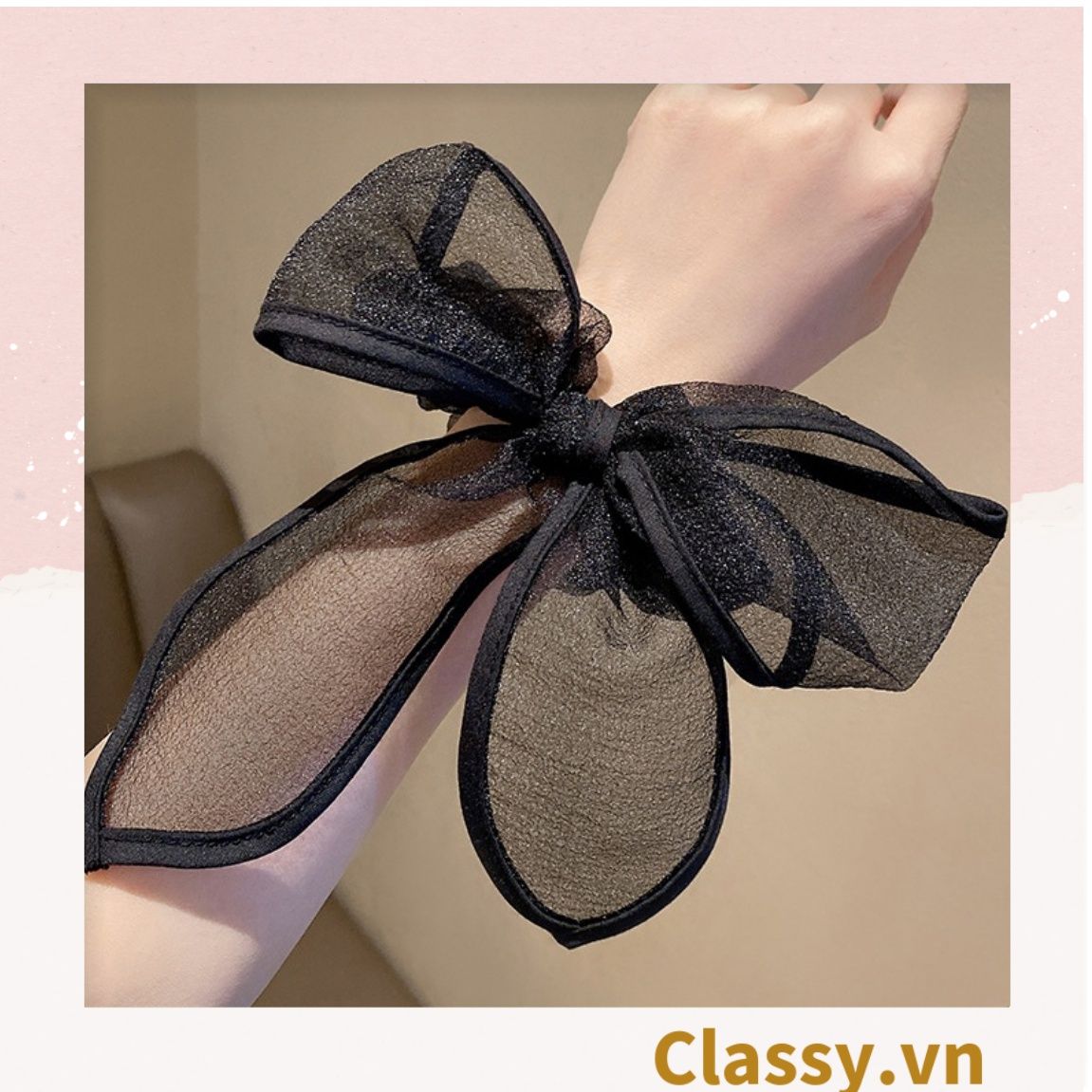 PK774 Bộ sưu tập hoàng gia - Scrunchies, kẹp tóc, nơ buộc tóc tông be, gắn ruy băng và đính đá nhiều lớp sang chảnh