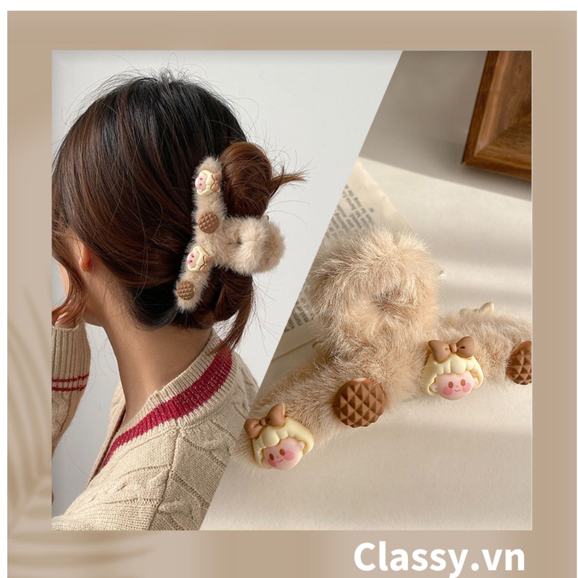 Kẹp tóc nữ càng cua bằng lông đính hạt nhân tạo họa tiết họat hình kiểu dáng hàn quốc hot trend PK781