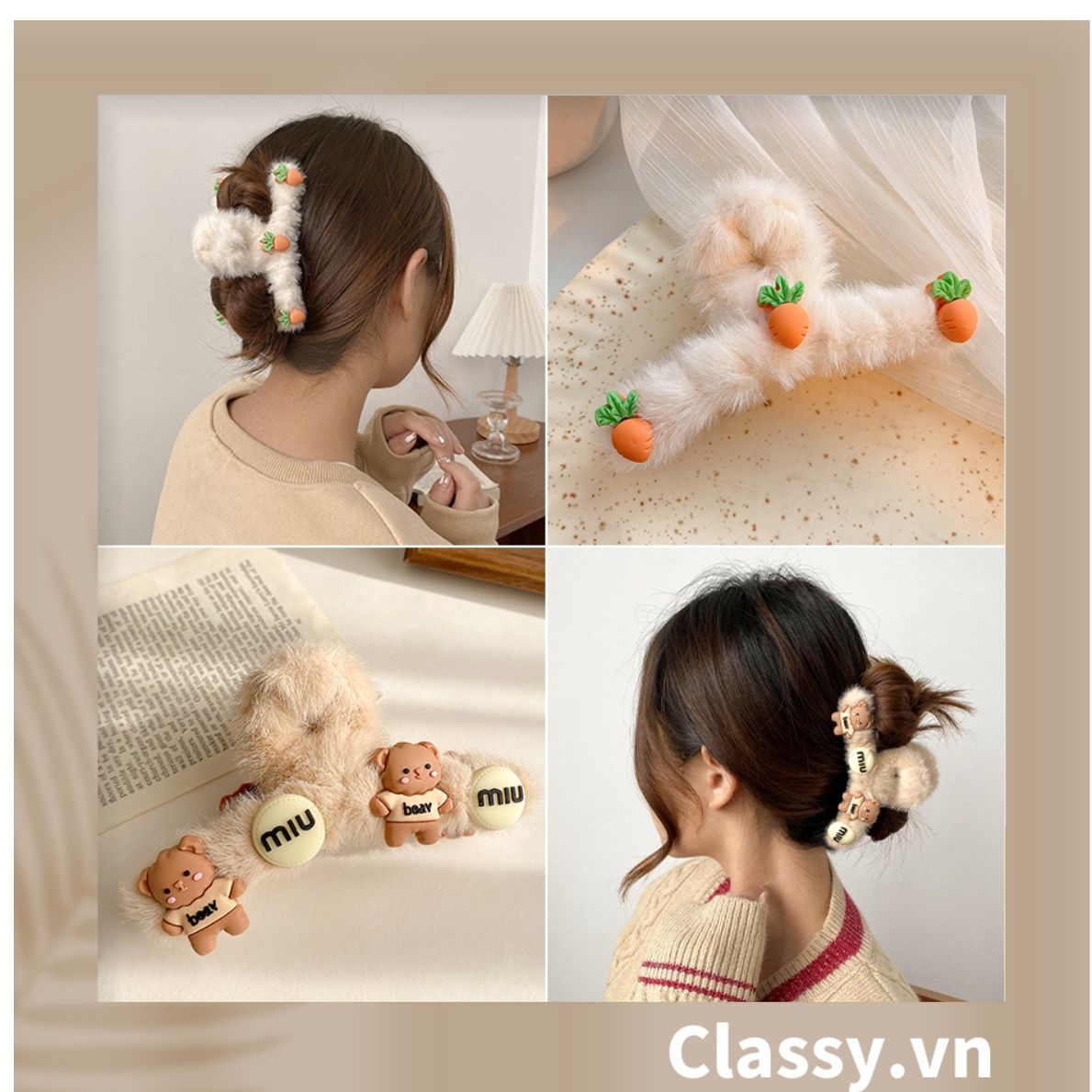 Kẹp tóc nữ càng cua bằng lông đính hạt nhân tạo họa tiết họat hình kiểu dáng hàn quốc hot trend PK781