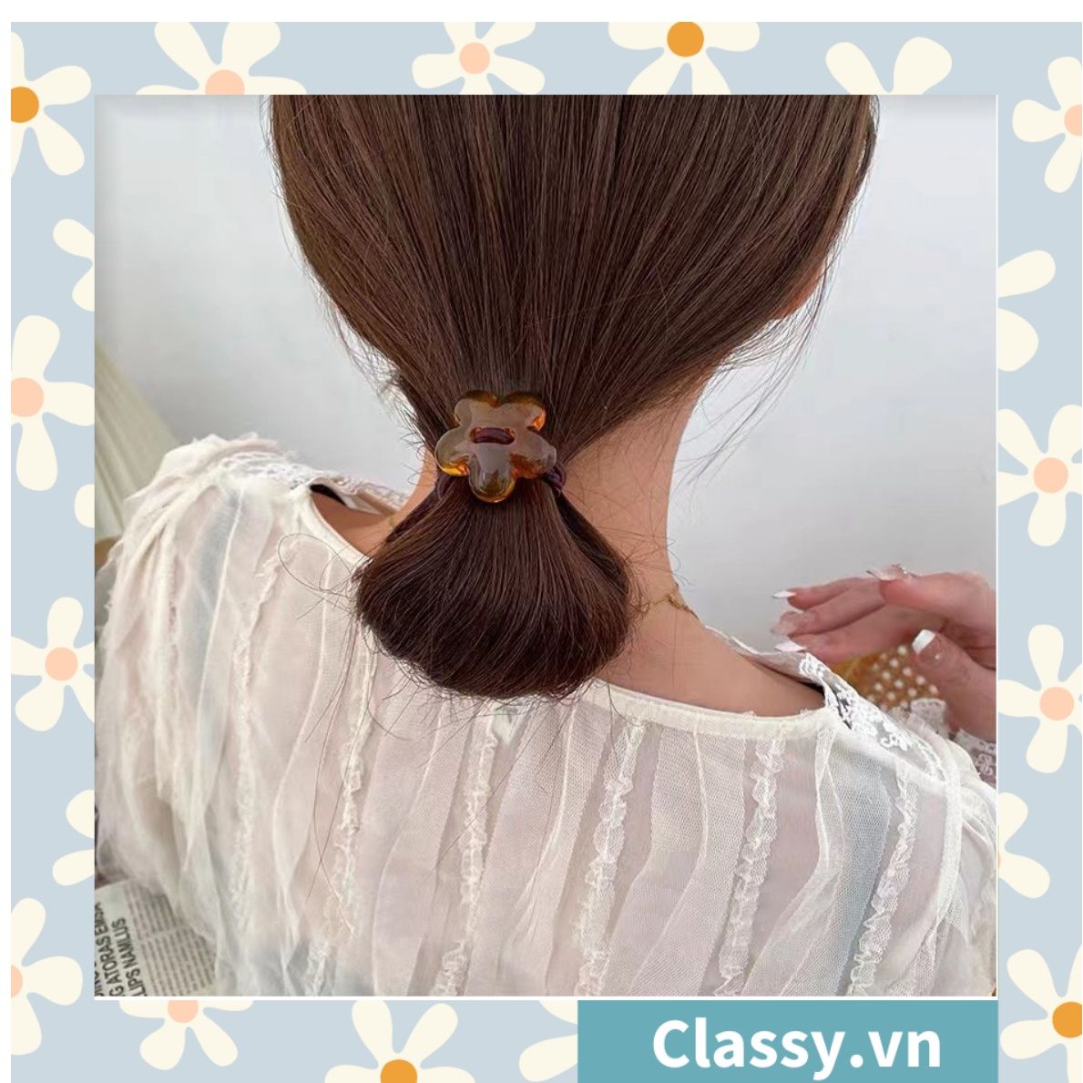 01 dây cột tóc đính hình hoa năm cánh cẩm thạch thanh lịch nữ tính PK783