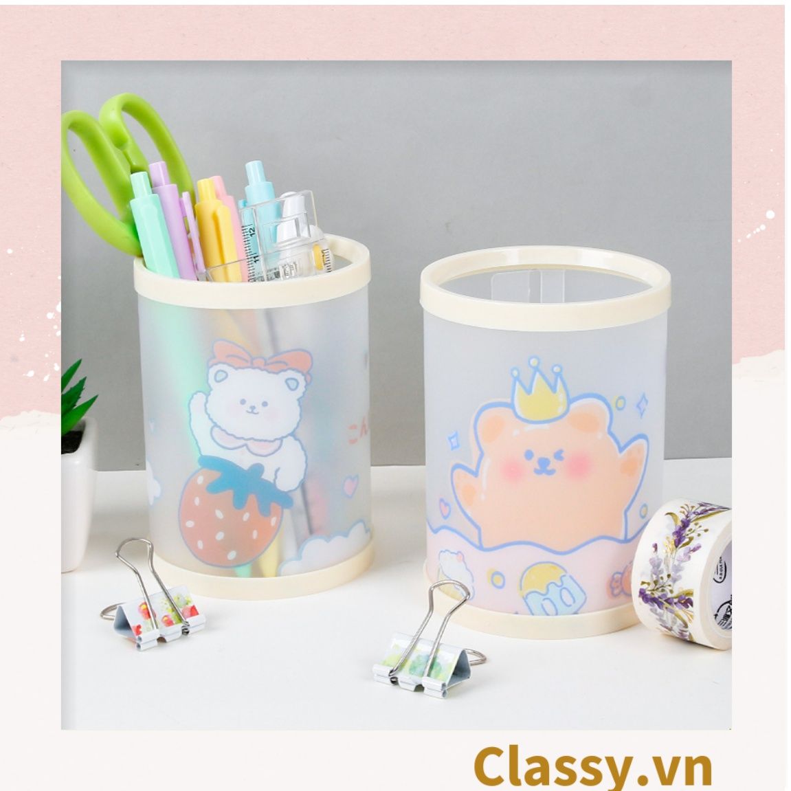 PK788 Hộp bút sáng tạo họa tiết hoạt hình Nhật Bản hình trụ tròn trong suốt Đựng Bút Đựng Viết, Văn Phòng Phẩm, làm thùng rác màu pastel trưng bày bàn học, bàn làm việc, nhà cửa